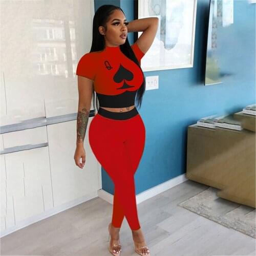 2021 Summer Women Suit Simple Hot Style Solid-color Poker Spades Q Print Short Sleeves Crop Tops & Trousers Slim 2 Piece Set