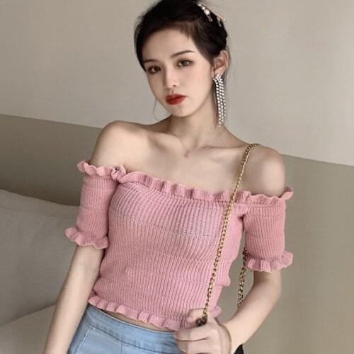 Womens Fashion Korean Sexy Tube Top Slash Neck Solid Color Slim Short Exposure Knitted T-shirt 5 Colors
