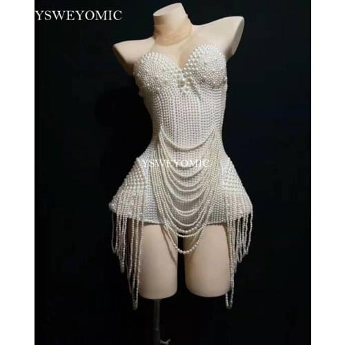 2019 White Pearls Beading Bodysuit Jazz Dance Outfit Evening Stage Show Costume Prom Birthday Bar Women Singer Clothes xx236