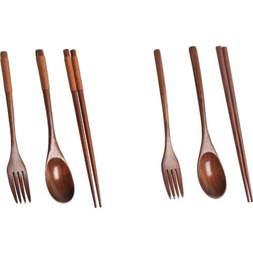 2 Set Wooden Flatware Set, Wooden Portable Set Spoon Fork Chopsticks Tableware Dinnerware, A & B