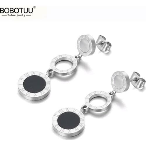 BOBOTUU Trendy Stainless Steel 3Pcs Disc Roman Numerals Dangle Earrings For Women Girls Shell & Acrylic Bohemia Earrings BE19184