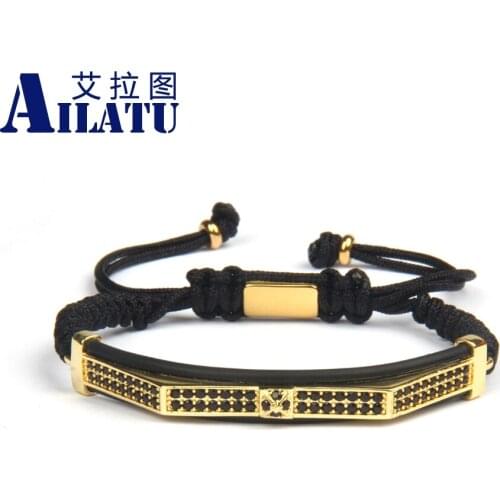 Ailatu New Luxury Fashion Mens Jewelry Micro Pave Black Cz Pyramid Double Long Tube Watch Protector Macrame Bracelets Rope