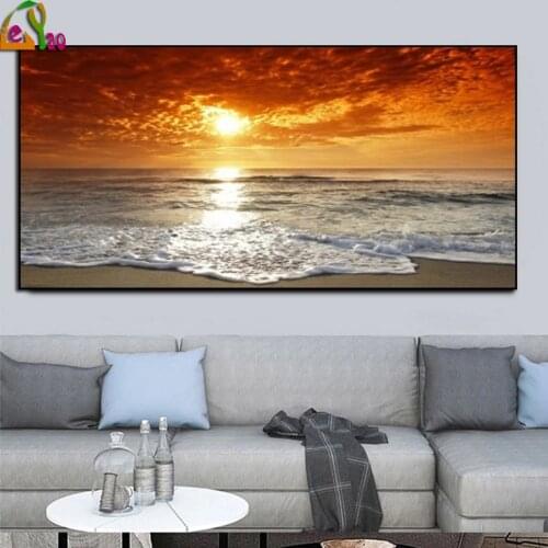 5D Diamond Embroidery Modern Large Size Landscape Poster Diy Diamond Painting Sunset Beach Picture For Living Room Home Decor