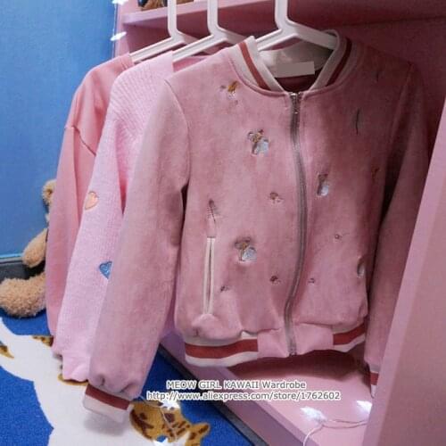 Kawaii Girls Little Fox Embroidery Casual Wear Cute Baseball Jacket Coat Autumn Vintage Zipper Outwear Color Rubber Pink