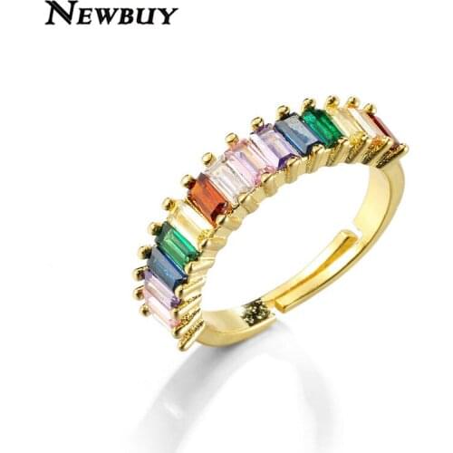 NEWBUY Rainbow Color CZ Zirconia Ring For Women Girl Adjustable Hot Sale Gold Color Women Wedding Ring Valentines Day Gift