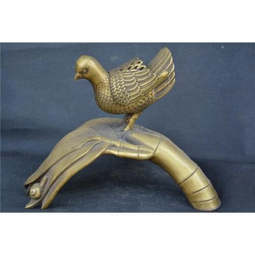 Collection QingDynasty copper carved bird&bamboo statue,Hand carving crafts,best adornment,free shipping