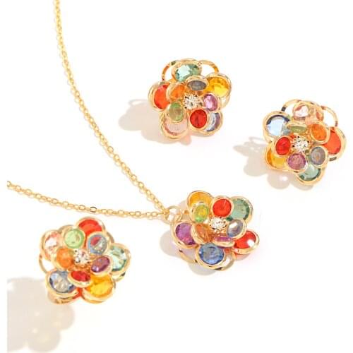 KOMI 1Set Crystal Rhinestones Flower Fleur Collar Necklace Pendant Stud Earrings серьги Cuff Ring Jewelry Set For Woman Femme