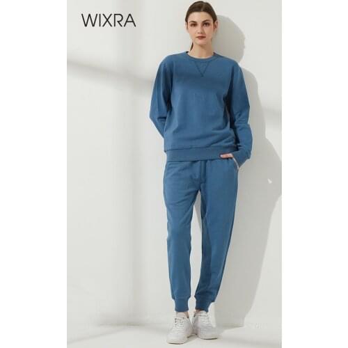 Wixra Womens 100% Cotton Casual Sets O Neck Tops+Elastic Waist Drawstring Pants Basic Sweatshirts Suits Spring Autumn