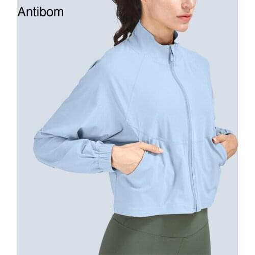 Antibom Yoga Jacket Womens Mandarin Collar Sport Coat Fitness Gym Clothing With Pocket Zipper Long Sleeve Run Breathy Sprotwear