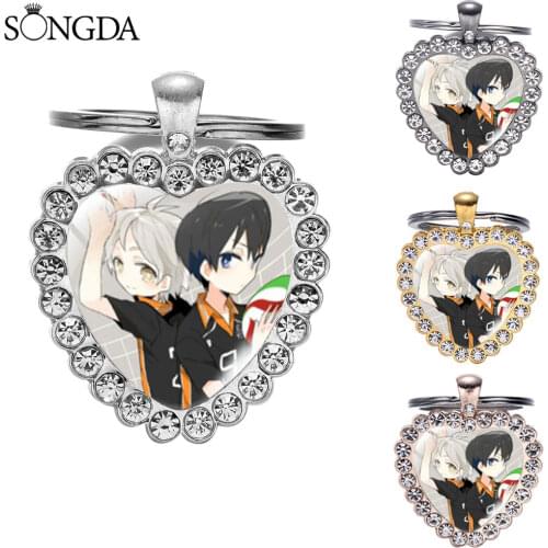 Cute Cartoon Anime Keychain Volleyball Boy Hinata Shoyo Kageyama Tobio Ring Glass Cabochon Heart Pendant Key Chain Men Gifts