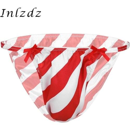 Mens Erotic Lingerie Underwear Shiny Satin Red&White Striped Low Rise Christmas Sissy Panties Sting Sexy Bikini Briefs Panties