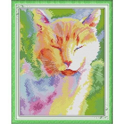 Watercolor cat in the sun cross stitch kit cartoon animal 14ct 11ct count printed canvas embroidery DIY handmade needlework plus