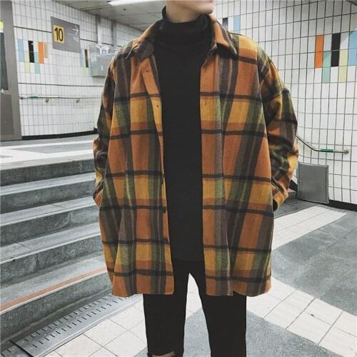 2020 New Fashion Men Plaid Shirt Casual Loose Wool Jacket Coat Men Long Sleeve Shirt Mens Clothing Streetwear
