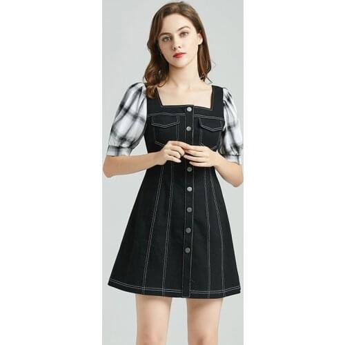 New Dress Women Spring Summer 2021 Fashion Casual Single Breasted Puff Sleeve Patchwork A-Line Denim Dress