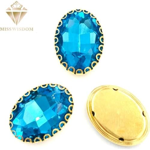 Lake blue oval glass crystal sew on rhinestones gold bottom lacy shape claws 6X8/8X10/10X14/13x18mm Diy clothing accessories