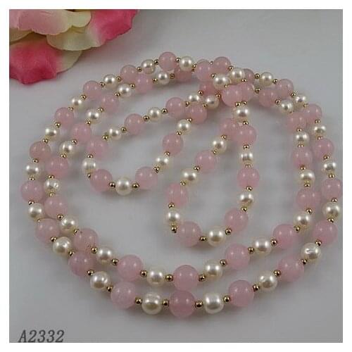 Terisa Pearljewelry Perfect White Color AA 7-8MM Freshwater Pearl Necklace Rose-Quarze Natural Stone 120cm Fashion Ladys Gift