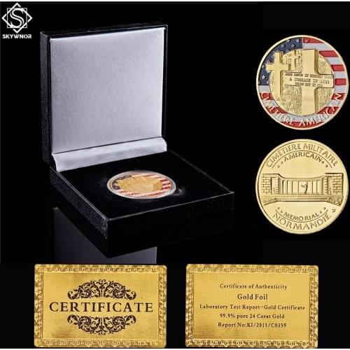 WWII Normandy War Cimetiere American Gold Challenge Army Medal Commemorative Coins W/ Luxury Box Collection