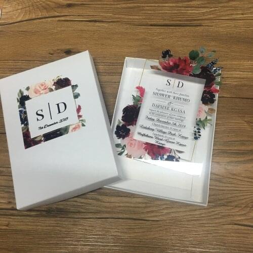 10pcs transparent acrylic card with printed box custom acrylic wedding invitation card with stain fabric