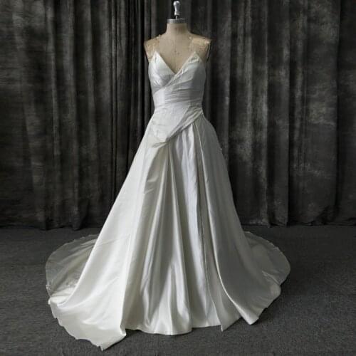 Real Picture Satin Wedding Gown Asymmetrical Design Pleated Modern Bridal Dress with Split