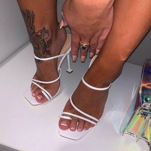 Hot Sandals Snake Print Strappy Mule Heels Sandals Slippers Women High Heels Flip Flops Square Toe Slides Party Shoes Size 34-42