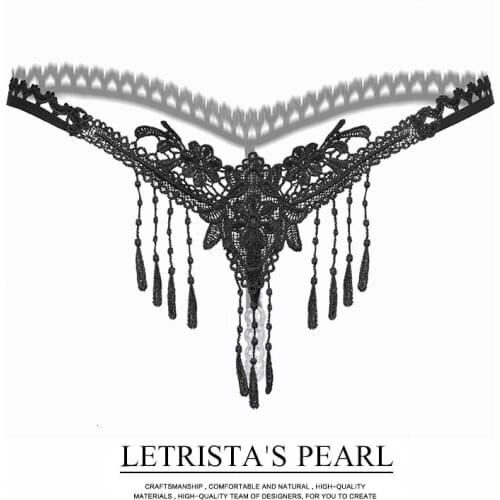 Sexy Embroidered Transparent Panties, Female Tassel Temptation Pearl Massage Low Waist Sexy Panties Open File Ultra-thin Hot Sho