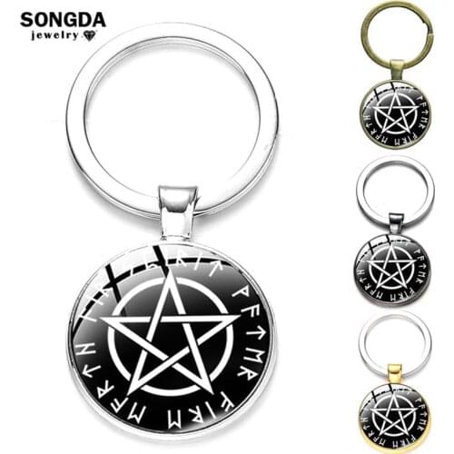 SONGDA Pentacle Pagan Pentagram Witchcraft Symbol Keychain For Key Gothic Style Glass Keyholder Key Chain Charm Christmas Gifts