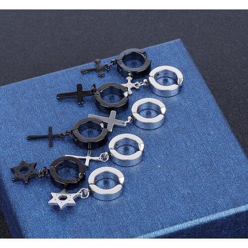 1pc/lot Titanium Stainless Steel Cross Star Tassel Dangle Drop Earrings Ear Clip For Men Boys Women Hip Hop Punk Brincos Jewelry