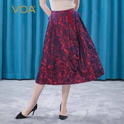 VOA 23m/m Silk-colored Woven Brocades Dark Red Natural Waist Lotus Leaf Lace Three-dimensional Pleated Yuk Pleated Skirt CE53