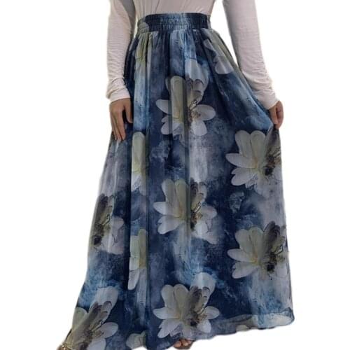 Chiffon Muslim Women Floral Printed Skirts Islamic Clothing Arab Bottoms High Elastic Waist Loose Casual Ramadan Spring Autumn