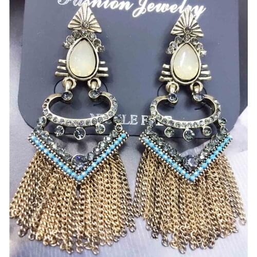 YaYi Jewelry Fashion BOHO Brown Glass Crystal Rhinestone Dangle Women Ancient Gold Color Wear Ear Band Long Tassel Earrings