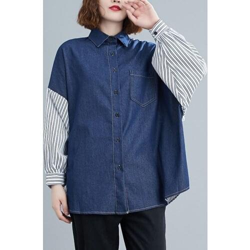 Oversized Women Casual Shirts New 2020 Autumn Korean Style Vintage Patchwork Striped Loose Female Cotton Denim Tops S2393