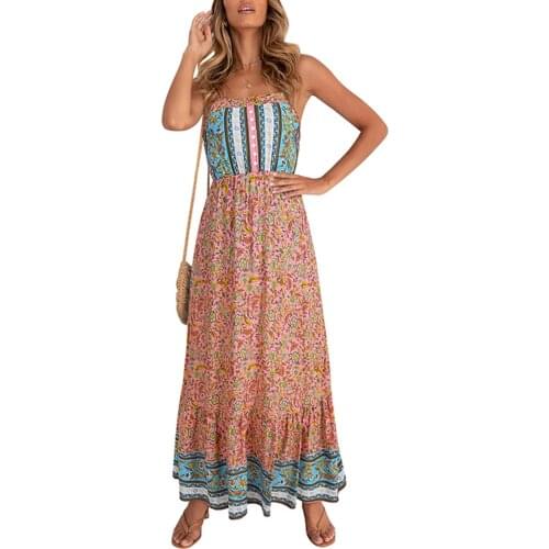 Women Boho Sling Floral Print Long Dress Sleeveless Strapless Ruffle Female Fashion Spaghetti Strap Beach Maxi Sundress 2021New