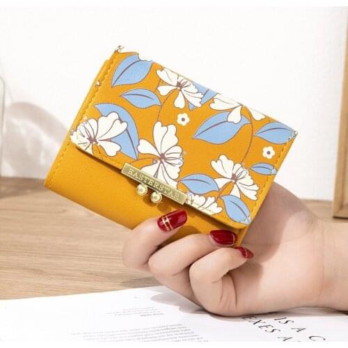 Ladies Vintage Short Wallet PU Purse Button Purse Flower Printing Small Two Fold Wallet Card Holder Womens Coin Pocket Cartera