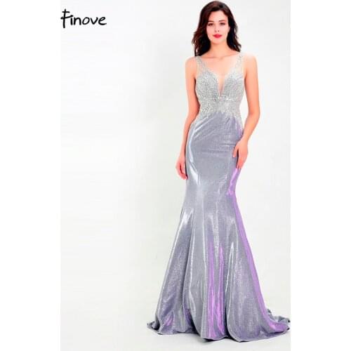 Finove New Prom Dress Long 2020 Reflective Dress Chic Beading Sexy Backless Mermaid Style Party Dress Vestido de fies Plus Size