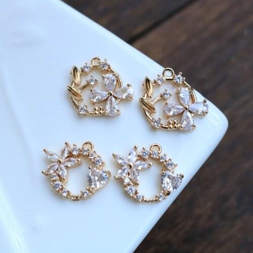 2021 New True Gold Plated Zircon Flower Round Pendant Necklace Charms DIY Earrings Jewelry Making Accessory