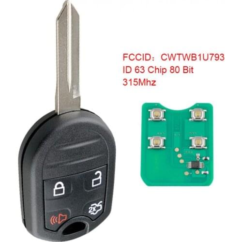 315MHz 4 Buttons Keyless Uncut Remote Car Key Fob Shell CWTWB1U793 with ID 63 Chip 80 Bit for Ford
