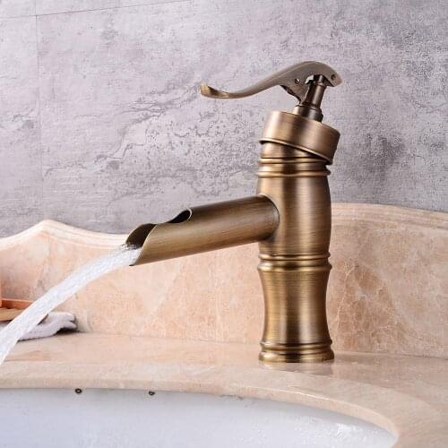 Antique Brass Bathroom Faucet Waterfall Mixer One Hole/Handle Basin Sink Tap Single Handle Mixer Tap Cold/Hot Water Faucet