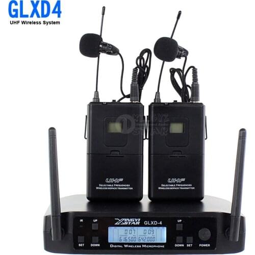 UHF Wireless Microphone System Clip Lapel Mic 2 Channel Cordless Lavalier Microphone Professional Kraoke Speech Singing DJ GLXD4
