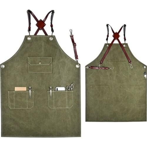 Canvas Blue Denim Bib Apron Leather Strap Hairdresser Barista Florist Waitress Chef Uniform Bar Cafe Restaurant Work Wear K1GX