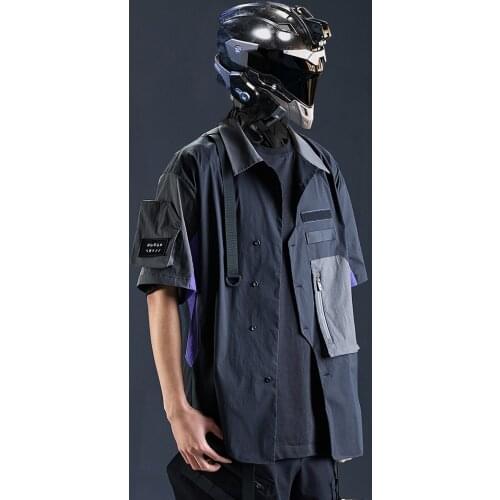 Men T-shirt Futuristic Reflective Shirt Front and Arm Pocket Molle Techwear Streetwear Japanese Style