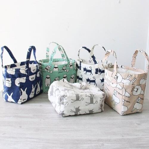 Cotton And Linen Drawstring Insulation Barrel Foldable Cartoon Flowers Lunch Box Tote Bags Shopping Waterproof Drawstring Tote