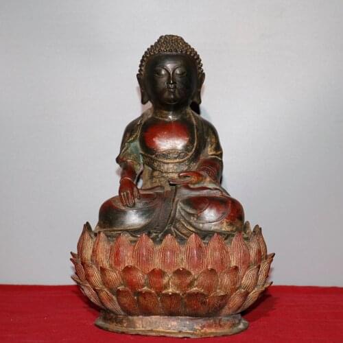 13"Chinese temple collection Old Bronze Cinnabar Lacquer Shakyamuni Buddha Sitting lotus Ornaments Town House Exorcism
