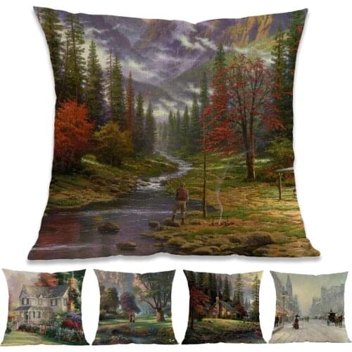 Oil Painting Style Rural countryside landscape Forest village in Winter Throw Pillow Case Home Sofa Decoration Cushion Cover
