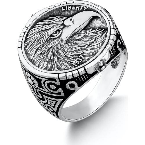Handmade Sterling Silver Coin Ring With Eagle Motif For Men Solid 925 Sterling Silver Animal Men Jewelry