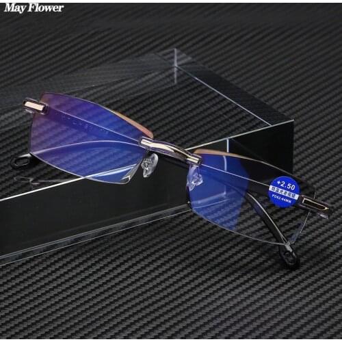 May Flower Rimless Reading Glasses Anti Blue Light Presbyopic Eyewear Square Frameless Eyeglasses Men Women Diopters +1.0 To 4.0
