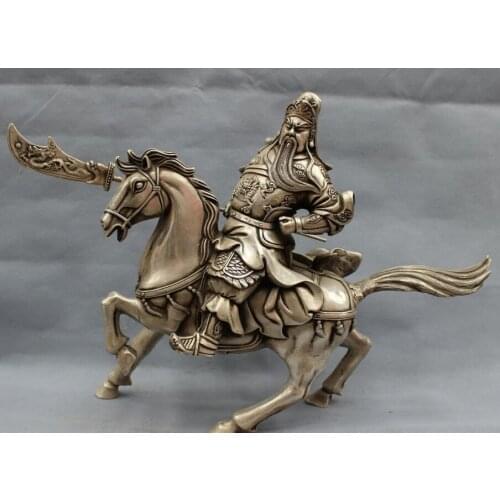 Song voge gem S3032 18" Chinese Silver Folk Dragon Head Warrior GuanGong GuanYu Ride Horse Statue