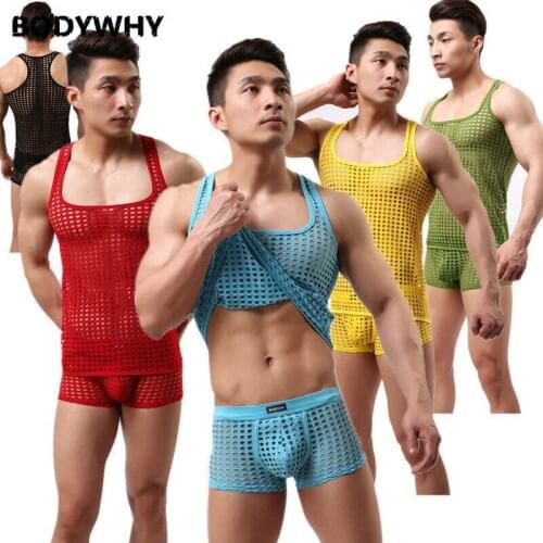 Mens Hollow Mesh Nets Sexy Underwear Set Boxer Briefs Top Tank Vest L M S Pajama Set Pajamas Men Mens Pajama Set Sleepwear
