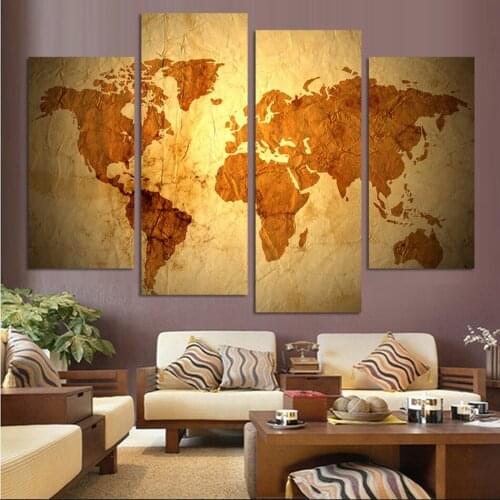 Special and limited sale 4 PCS Antique golden map canvas painting Abstract wall art decoration for living room &office no frame