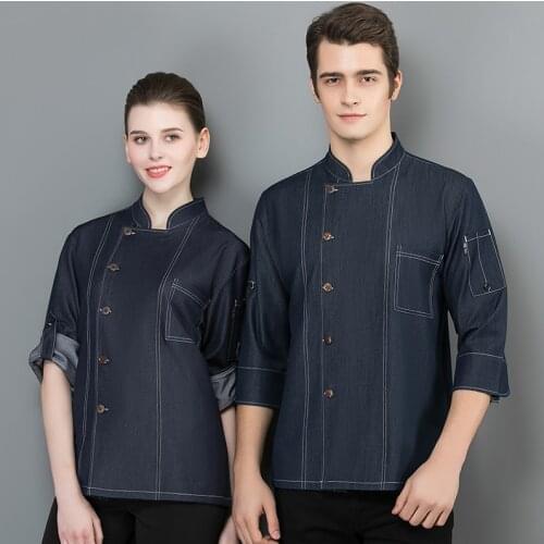 Denim Fabric Seven Quarter Sleeve Master Chef Uniform Men and Women Bakery Restaurant Kitchen Jacket Canteen Cook Workwear Shirt