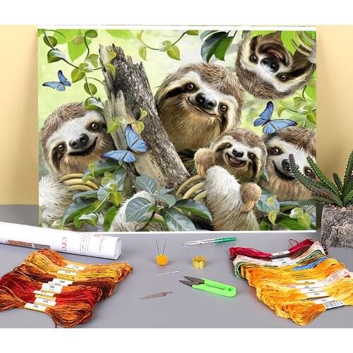 Animal Sloth Printed Fabric 11CT Cross Stitch Full Kit Embroidery DMC Threads Handicraft Needlework Hobby Painting Needle